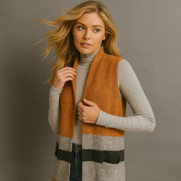 LOFT XS/S Wool Blend Color Block Sleeveless Cardigan Vest Duster Sweater Fall - Picture 1 of 7